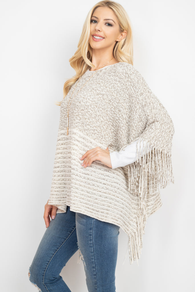 KNITTED TWO TONE STRIPED FRINGE PONCH
