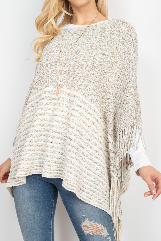 KNITTED TWO TONE STRIPED FRINGE PONCH