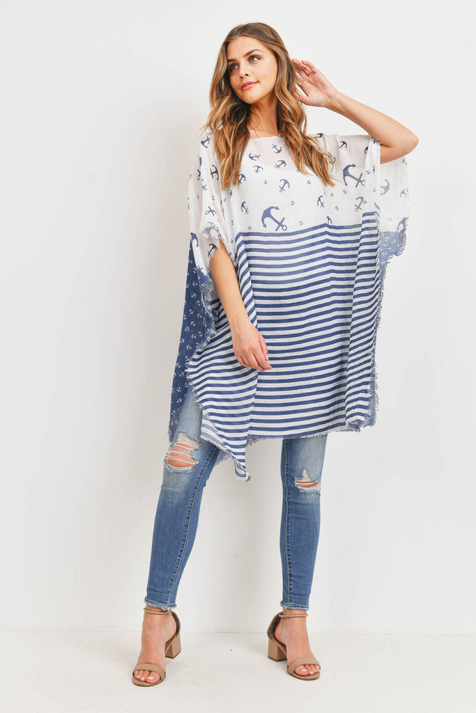 PN450X003 - ANCHOR STRIPE PATTERN FRINGED PONCHO