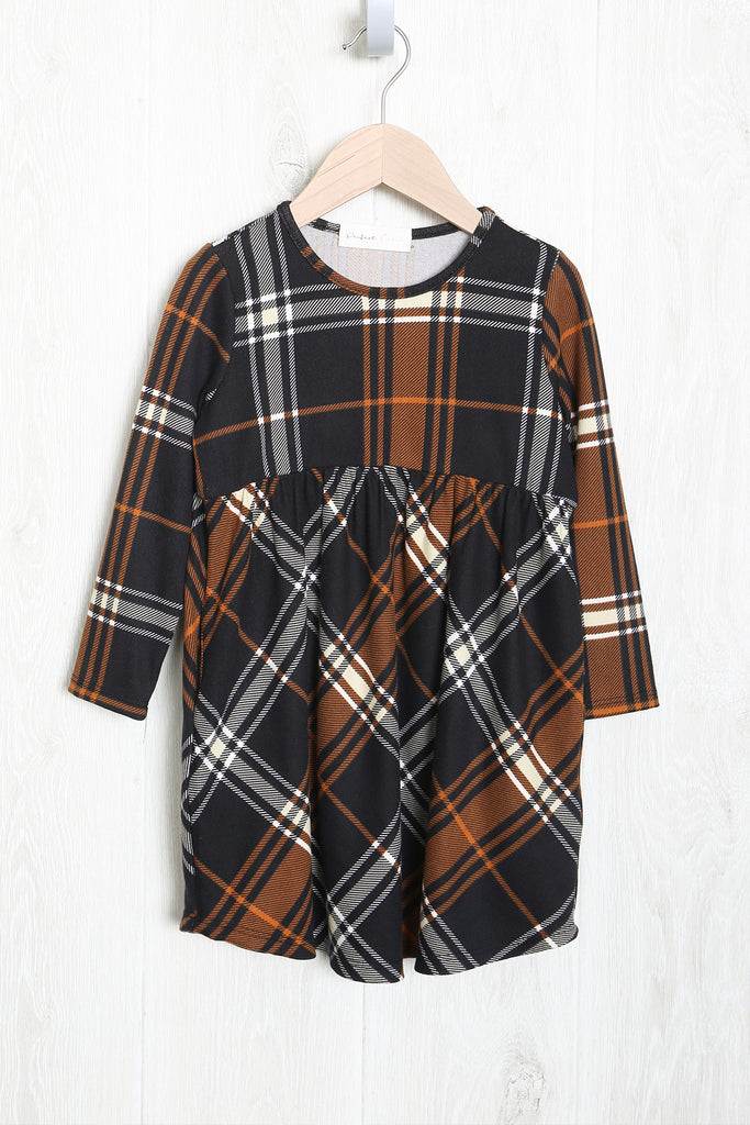 Kids Long Sleeve Cinch Waist Plaid Dress