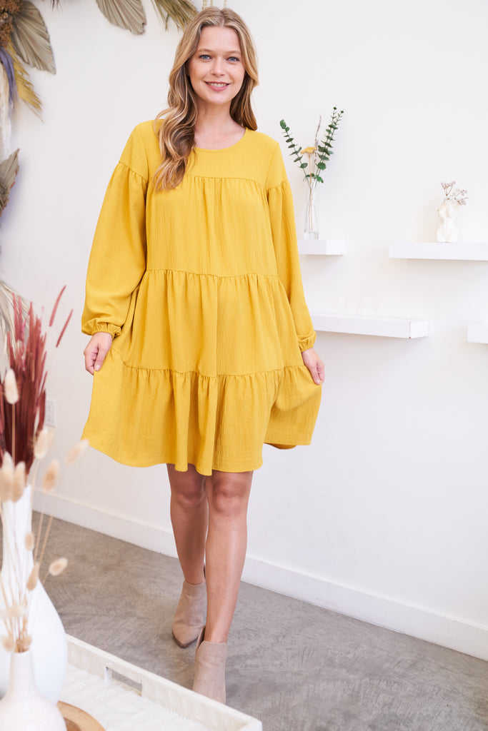 Puff Sleeve Round Neck Tiered Ruffle Mini Dress