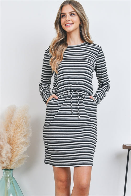 Stripe Elastic Waist Ribbon Detail Dress
