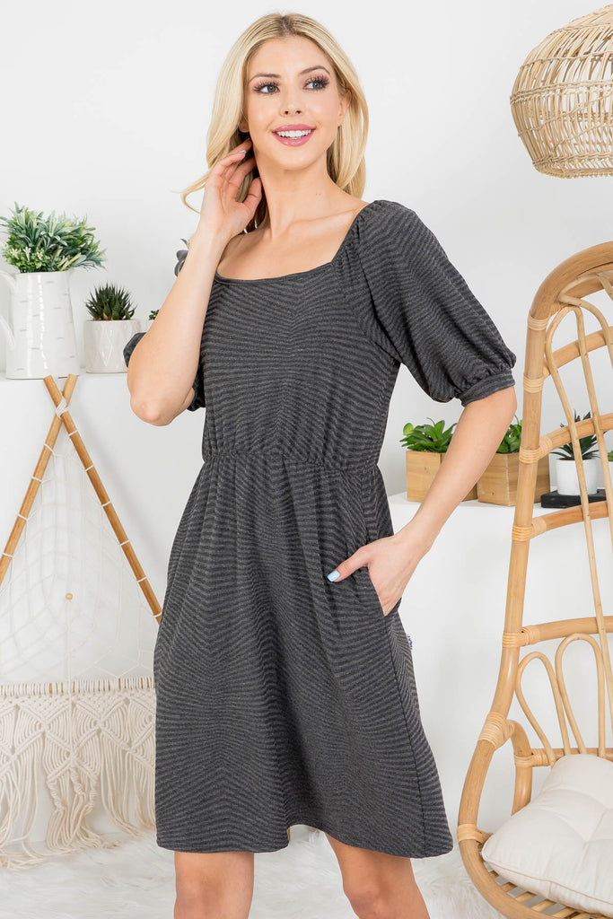 Square Neckline Quarter Puff Sleeve Diamond Rib Dress