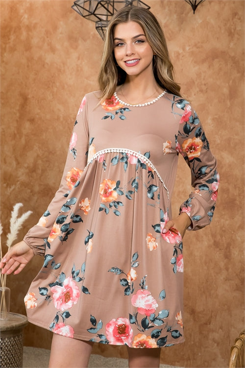Pompom Detail Long Sleeve Elastic Band Floral Dress