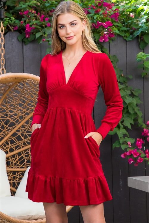V-Neck Ruffle Hem Long Sleeve Velvet Corduroy Dress