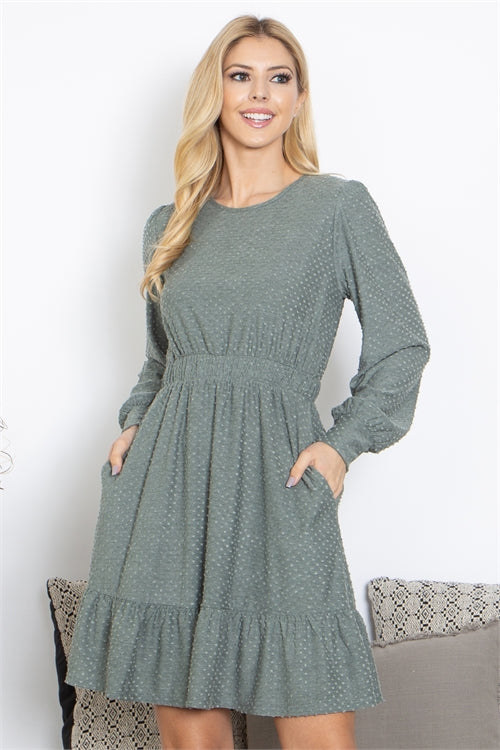 Swiss Dot Long Sleeve Ruffle Hem Dress