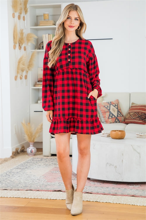 Puff Sleeve Button Ruffle Detail Plaid Dress
