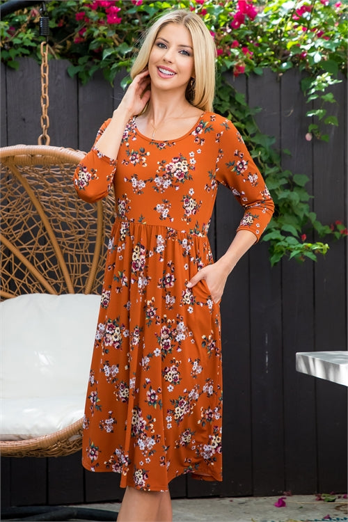 Quarter Sleeve Empire Waist Floral Pocket Dress