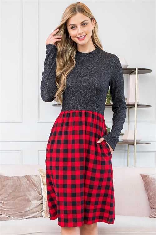 Long Sleeve Plaid Skirt Dress With Pockets