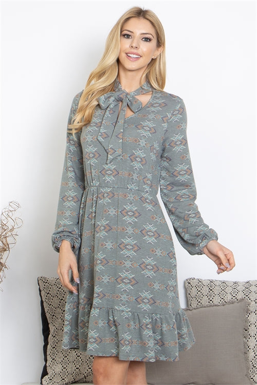 Ribbon Tie Neckline Long Sleeve Aztec Printed Dress