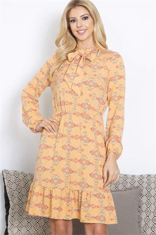 Ribbon Tie Neckline Long Sleeve Aztec Printed Dress