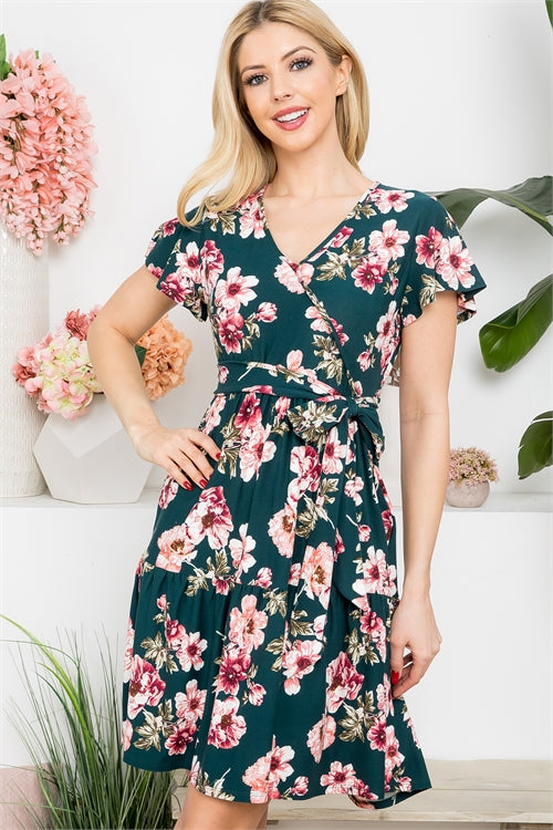 Surplice Neckline Floral Ribbon Detail Dress