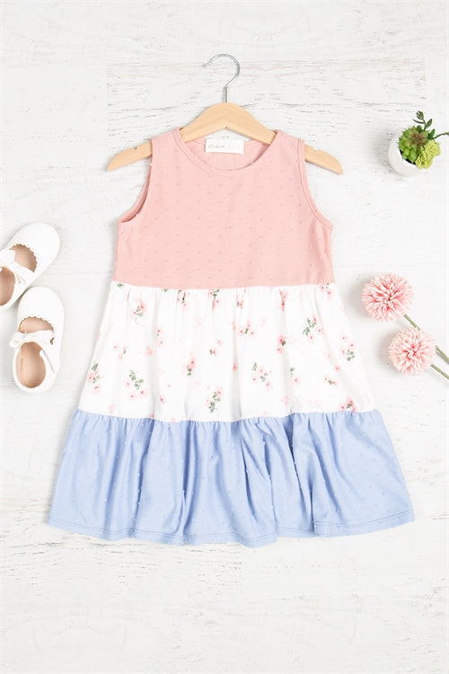 Kids Swiss Dot Color Block Floral Dress