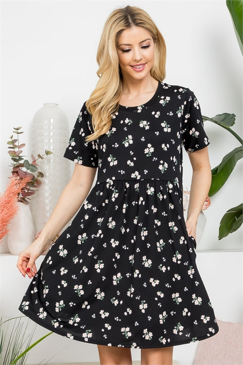 Short Sleeve Floral Shirring Waist Dress