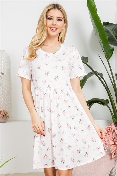 Short Sleeve Floral Shirring Waist Dress