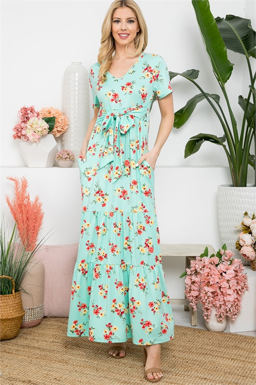 Floral Plunging Neckline Ribbon Detail Maxi Dress