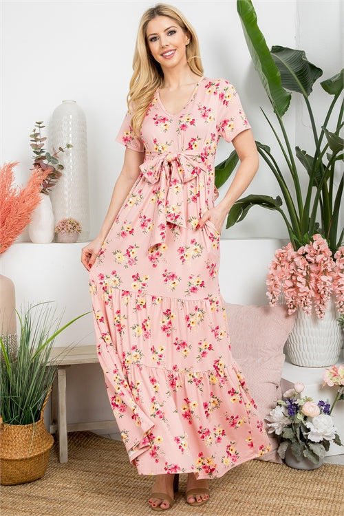 Floral Plunging Neckline Ribbon Detail Maxi Dress