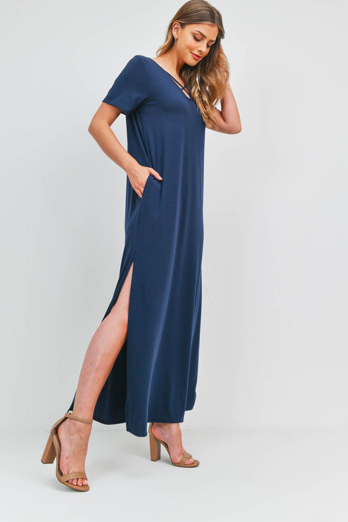 Solid Neck Detail Side Slit Pocket Dress