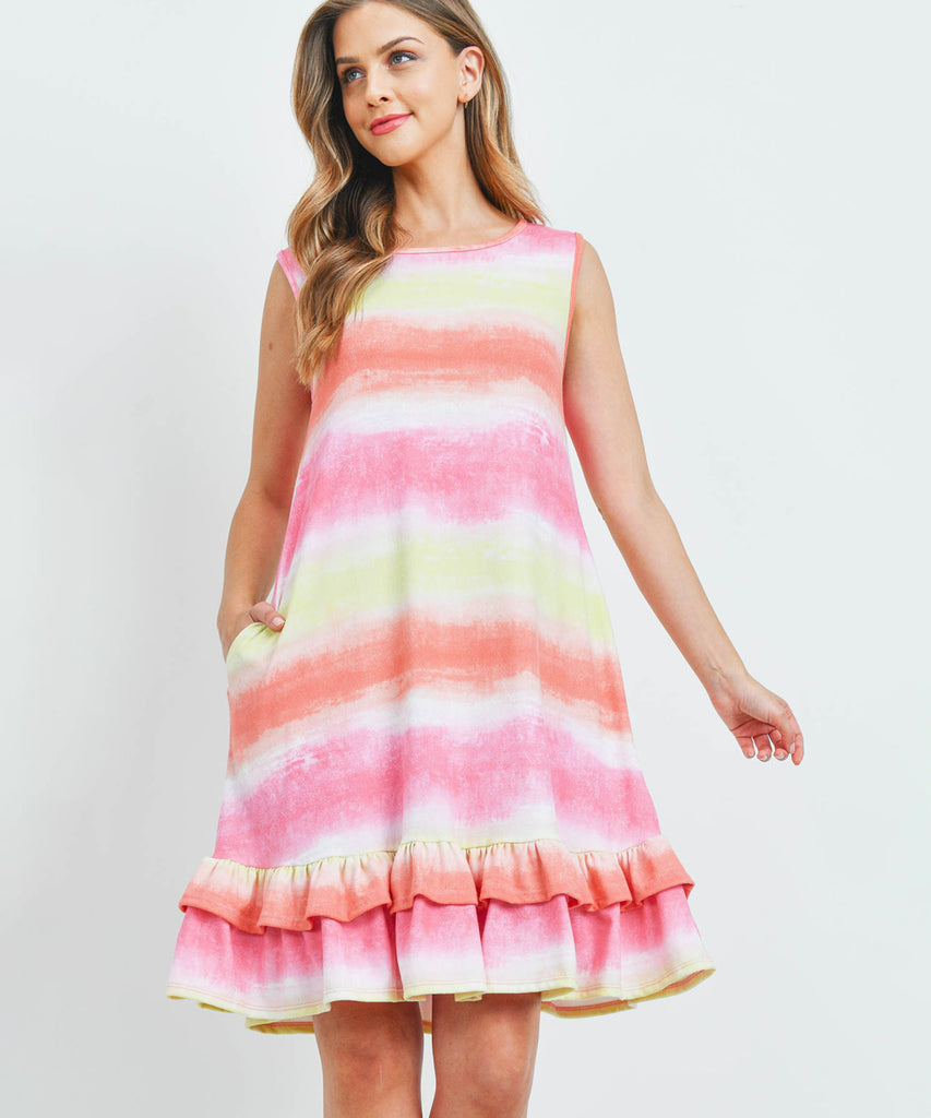 Print Sleeveless Layered Ruffled Hem Dress