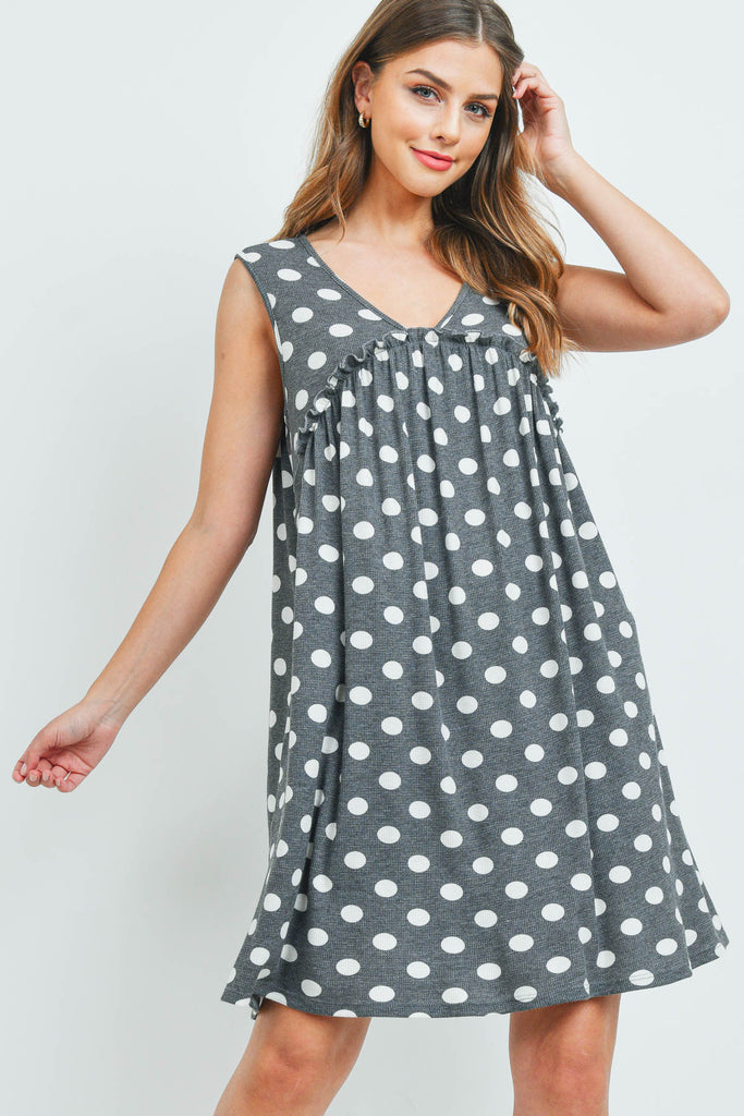 V-Neck Ruffle Detail Polka Dot Swing Dress