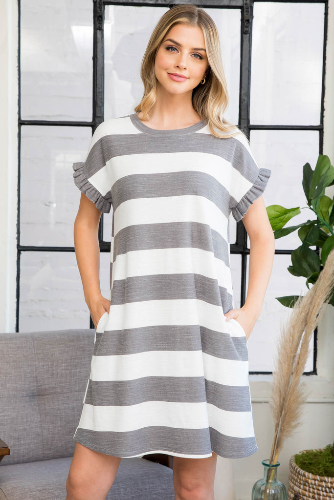 Ruffle Sleeve Stripes Swing Dress