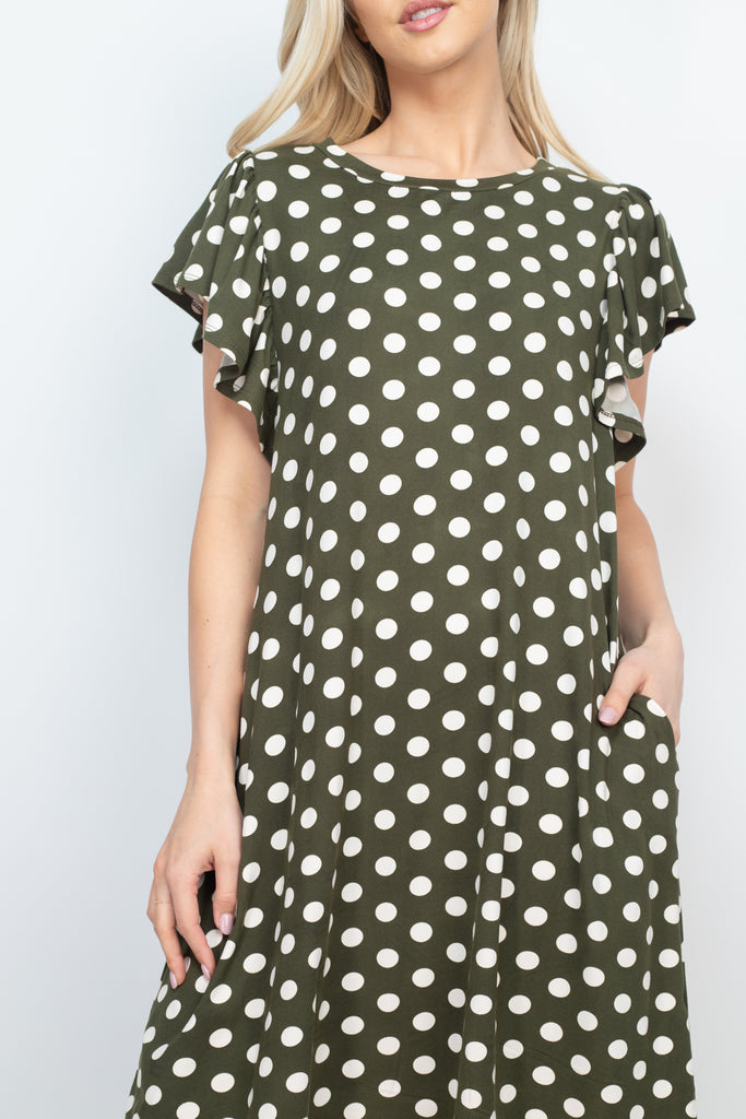 Ruffle Sleeve Round Neck Polka Dot Dress