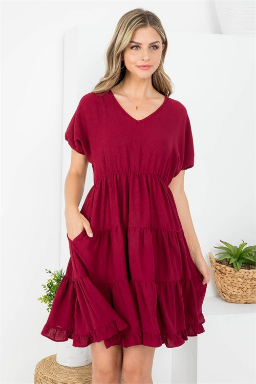 Puff Sleeve V-Neck Tiered Ruffle A-Line Dress