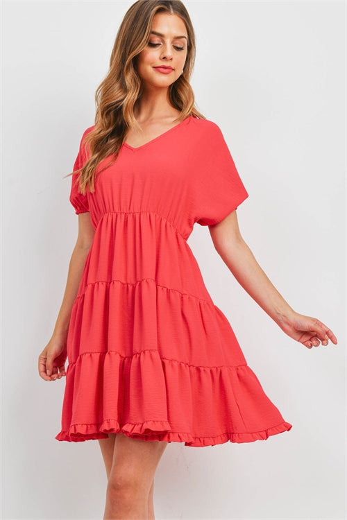 Puff Sleeve V-Neck Tiered Ruffle A-Line Dress