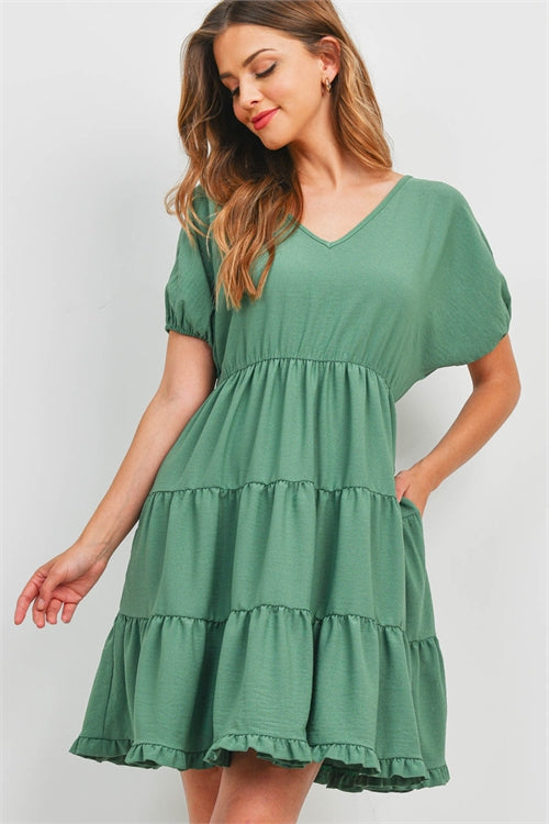 Puff Sleeve V-Neck Tiered Ruffle A-Line Dress
