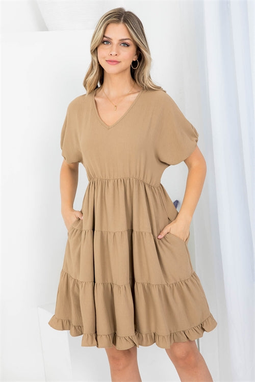 Puff Sleeve V-Neck Tiered Ruffle A-Line Dress