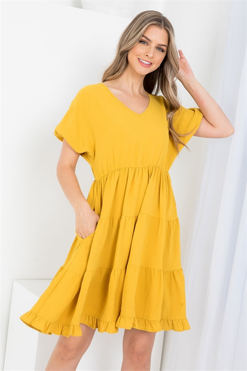 Puff Sleeve V-Neck Tiered Ruffle A-Line Dress