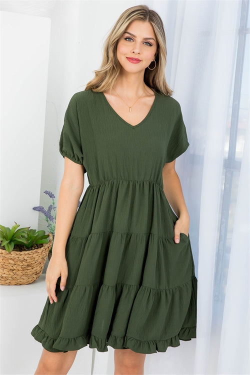 Puff Sleeve V-Neck Tiered Ruffle A-Line Dress