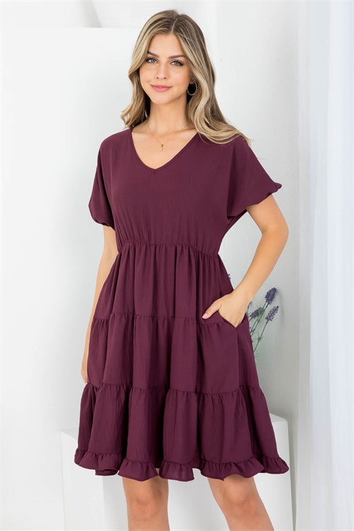 Puff Sleeve V-Neck Tiered Ruffle A-Line Dress
