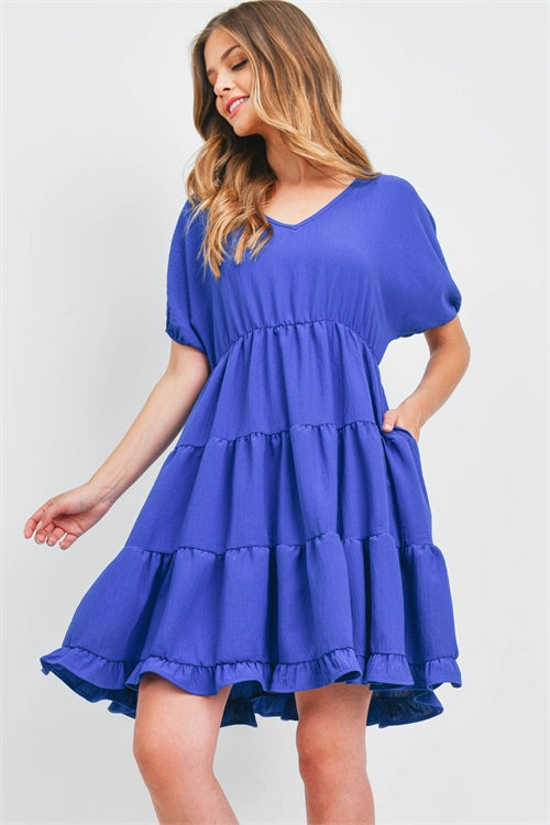 Puff Sleeve V-Neck Tiered Ruffle A-Line Dress
