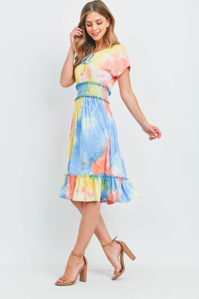 Tie Dye Front Ribbon Smocked Waist Ruffle Hem Dress