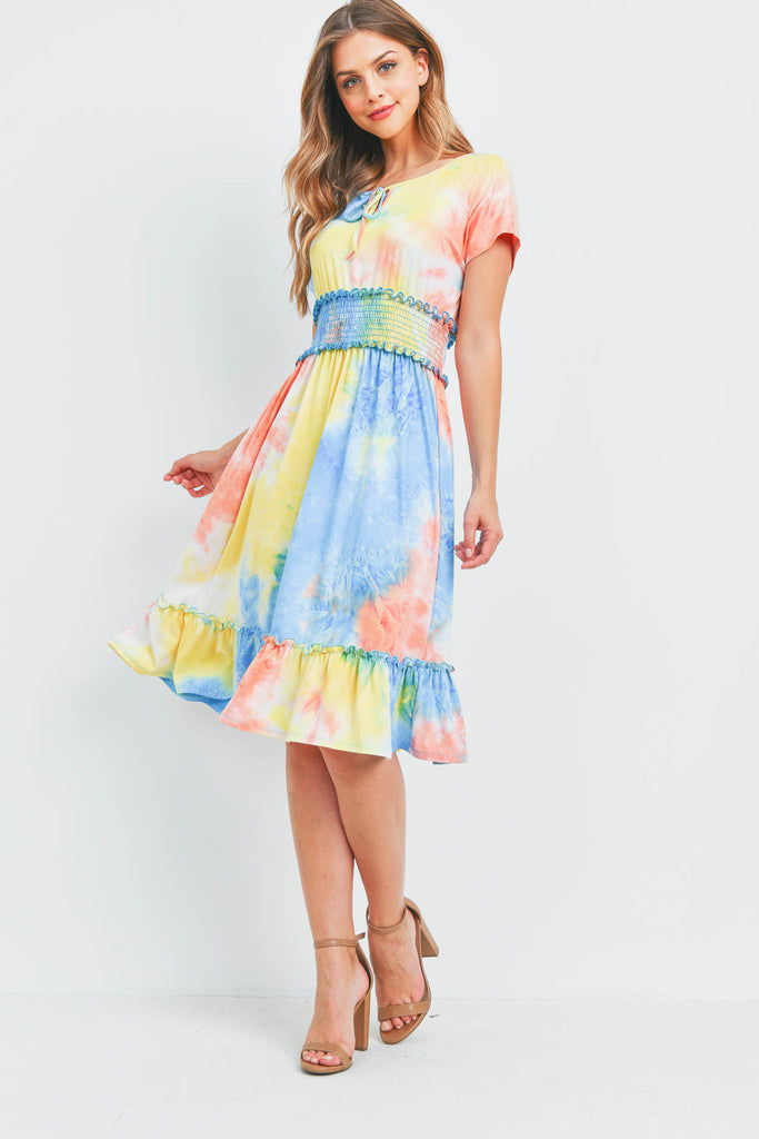 Tie Dye Front Ribbon Smocked Waist Ruffle Hem Dress