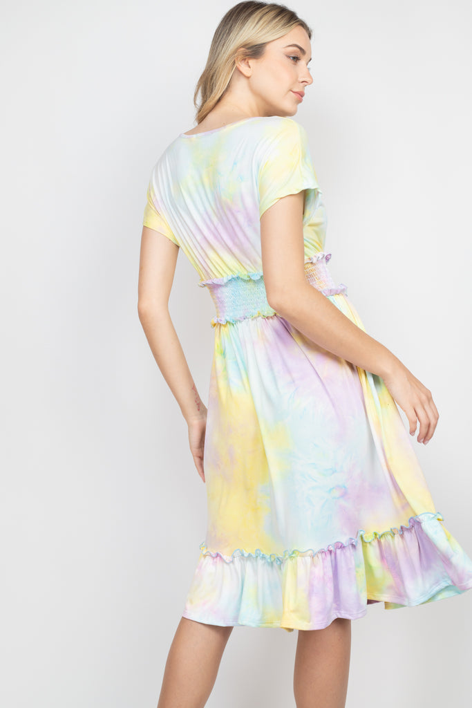 Tie Dye Front Ribbon Smocked Waist Ruffle Hem Dress