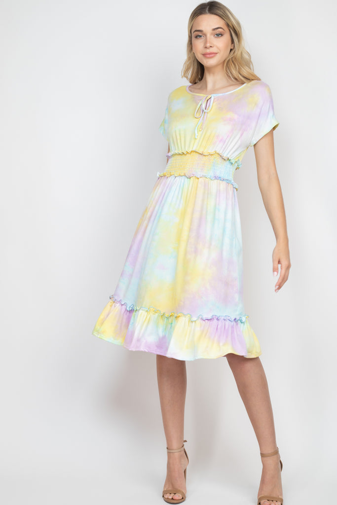Tie Dye Front Ribbon Smocked Waist Ruffle Hem Dress