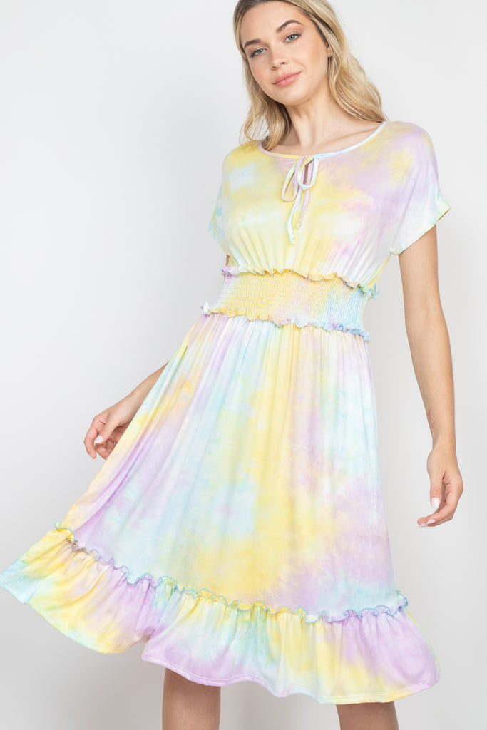 Tie Dye Front Ribbon Smocked Waist Ruffle Hem Dress