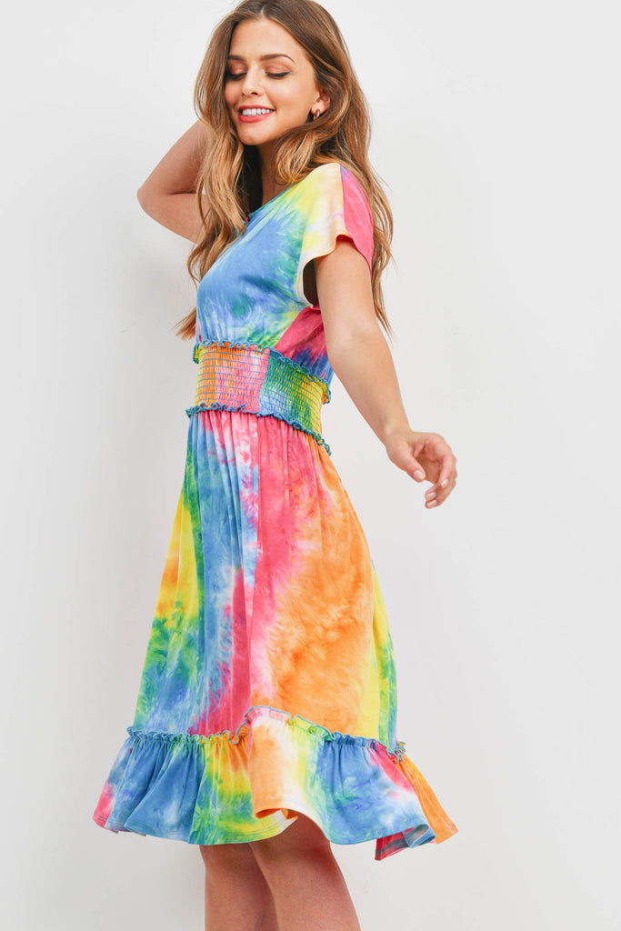 Smocked Waist Ribbon Detail Neckline Tie Dye Dress