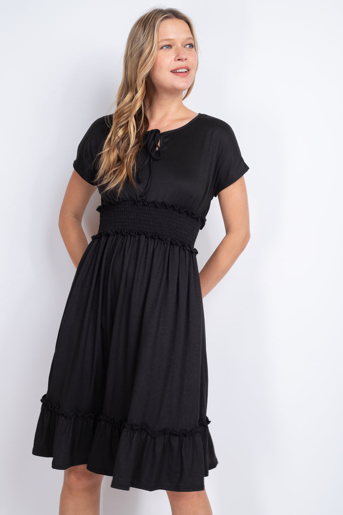 Solid Elastic Waist Ruffled Hem Dress