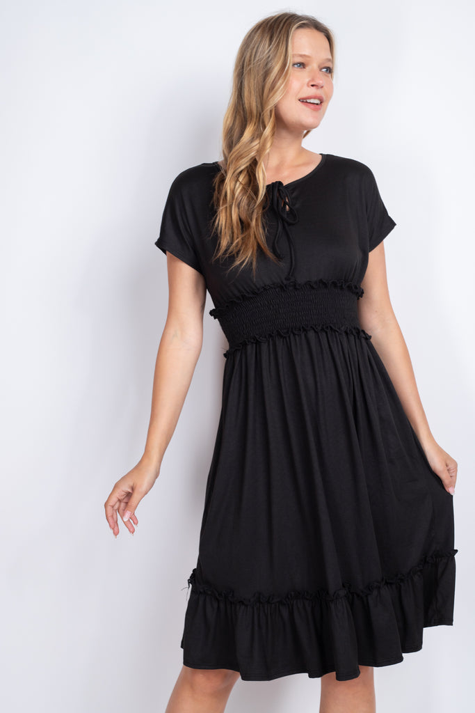 Solid Elastic Waist Ruffled Hem Dress
