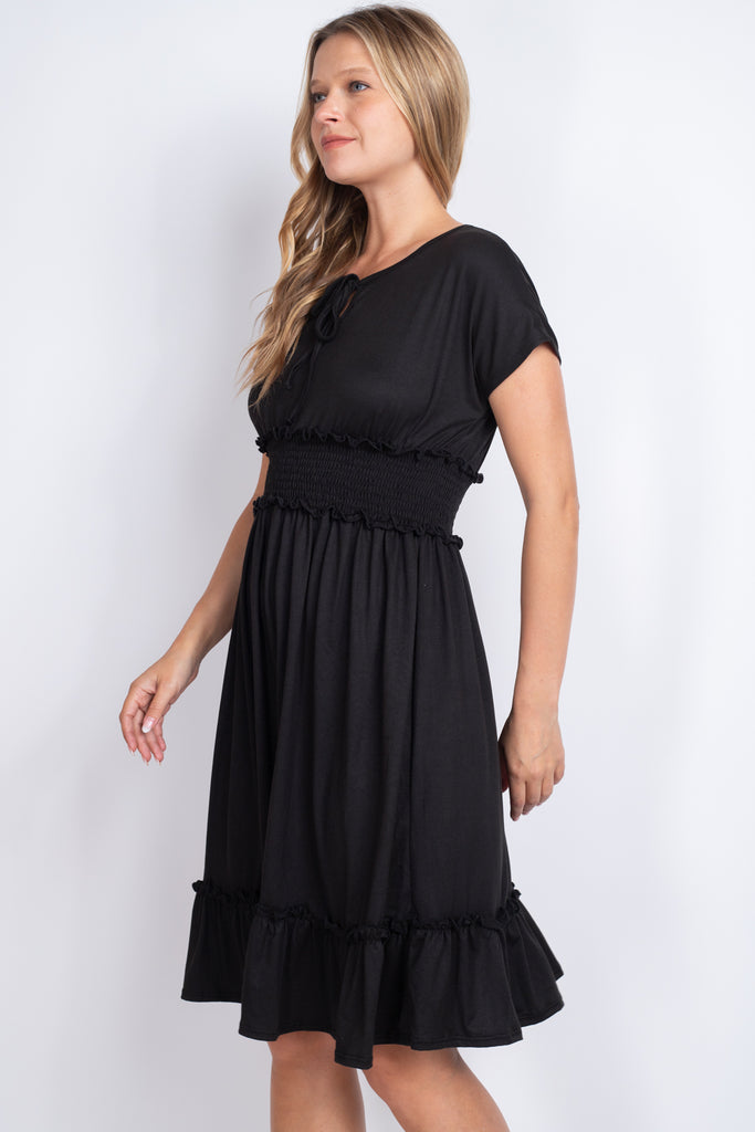 Solid Elastic Waist Ruffled Hem Dress