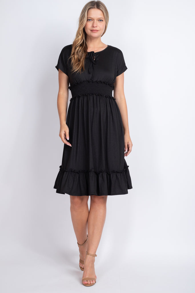 Solid Elastic Waist Ruffled Hem Dress