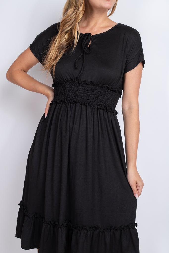 Solid Elastic Waist Ruffled Hem Dress