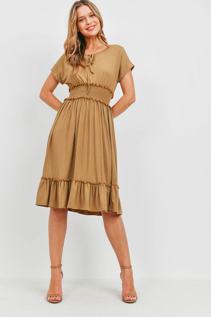 Solid Elastic Waist Ruffled Hem Dress