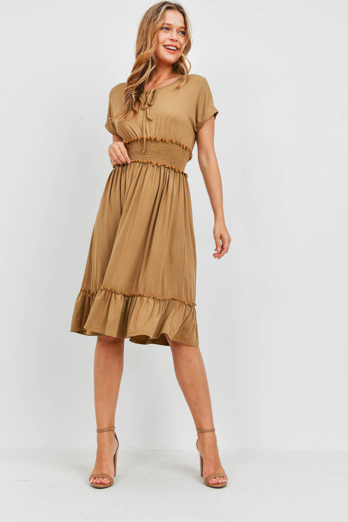 Solid Elastic Waist Ruffled Hem Dress