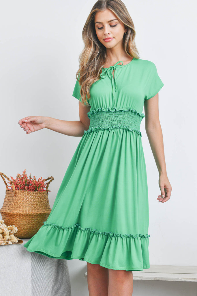 Solid Elastic Waist Ruffled Hem Dress