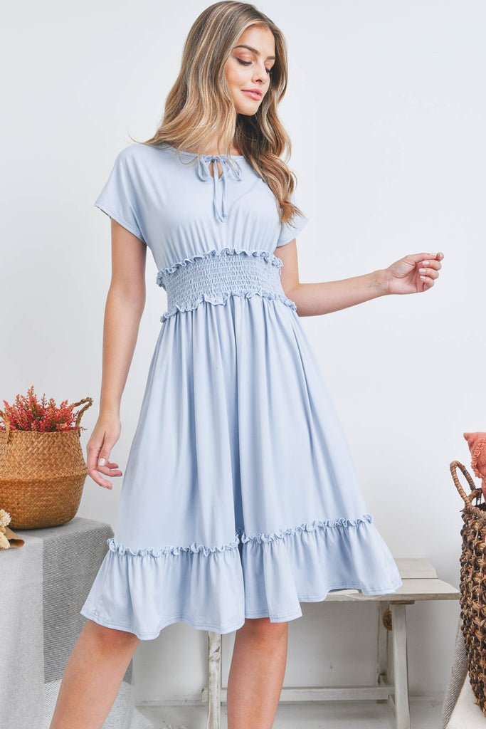 Solid Elastic Waist Ruffled Hem Dress