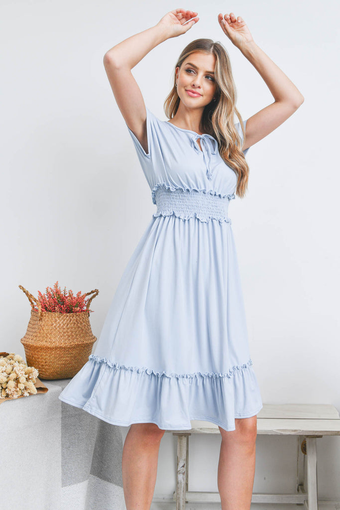 Solid Elastic Waist Ruffled Hem Dress